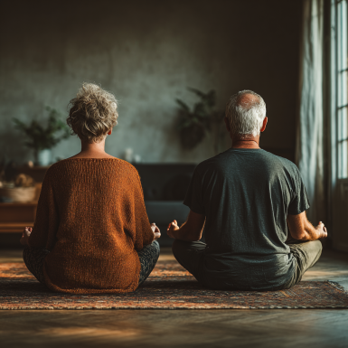 Група літніх людей під час заняття йогою