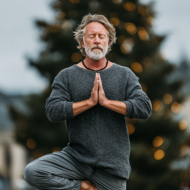 Літні люди займаються йогою в парку